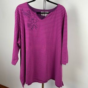 Rich pink and purple striped t-shirt with stitched embellishment